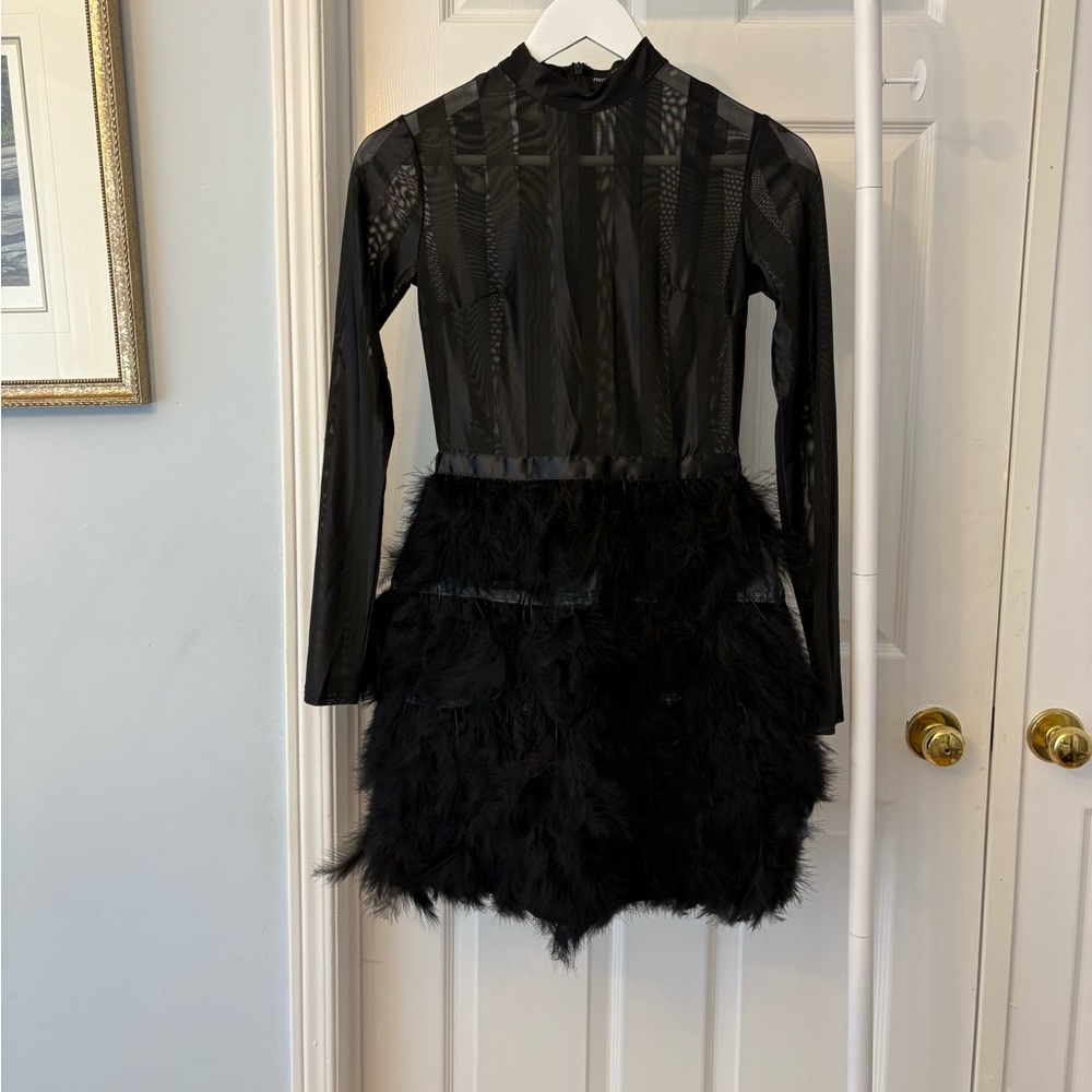 PrettyLittleThing Black Semi Sheer Feathered Long Sleeve Dress Size 0 - Picture 6 of 14